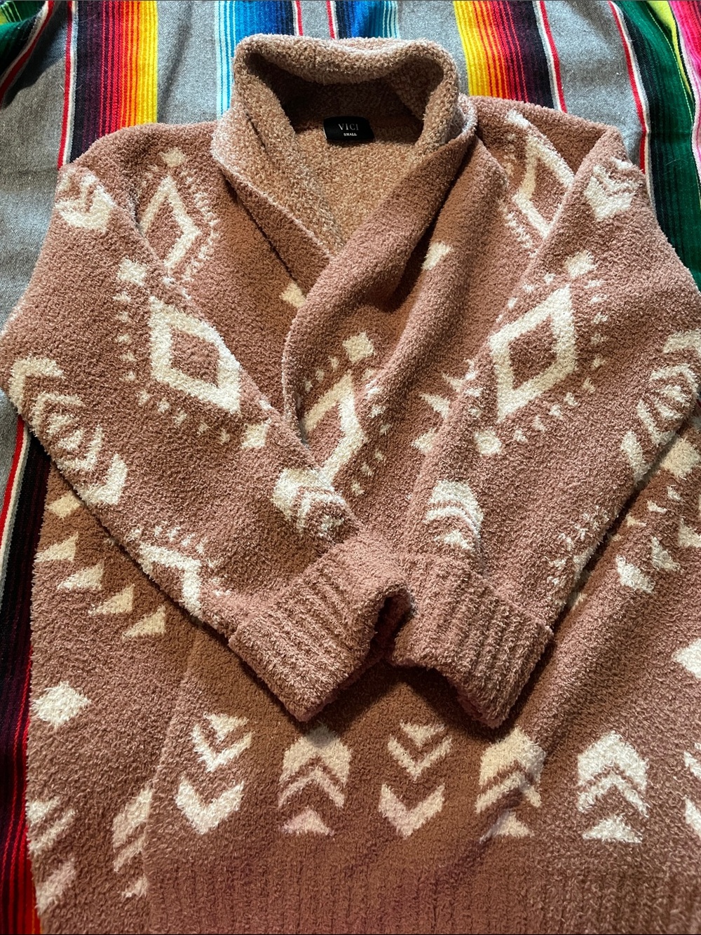 Vici Carmel brown Shawl Collar women’s cozy Cardigan with Cream Aztec Pattern